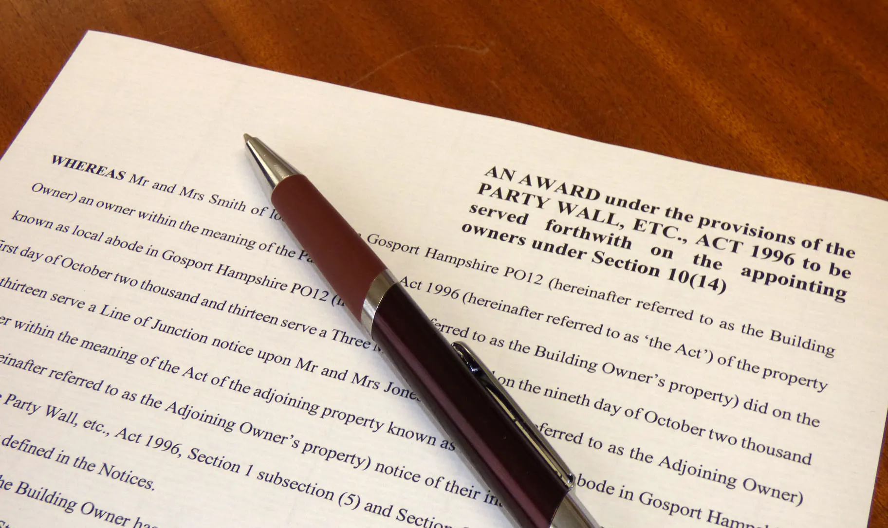 A Party Wall Award document under the Party Wall etc. Act 1996